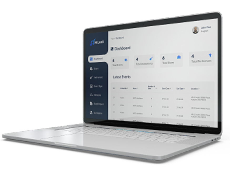 Laptop screen displaying the Mlodi event management platform for the music and entertainment industry.