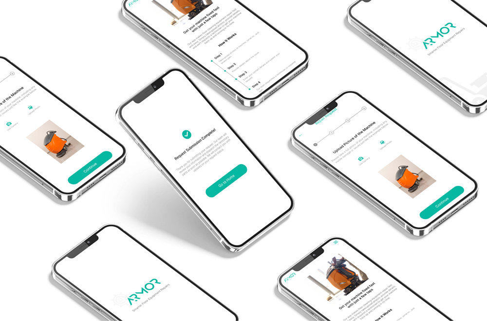 Mobile screens displaying the Armor app interface for reporting and managing floor cleaning equipment repairs.