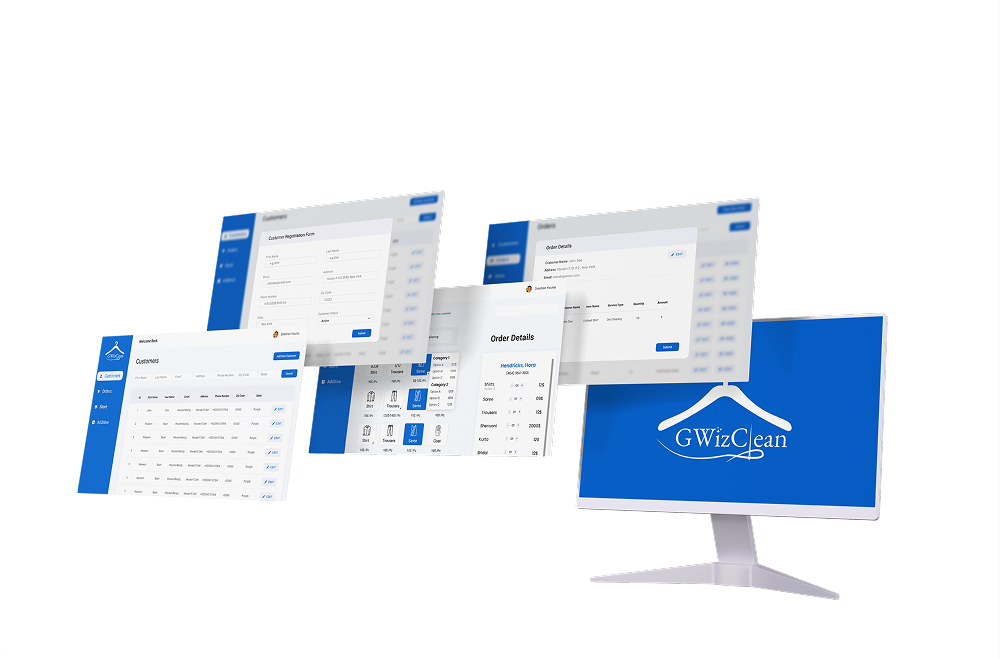 Screenshots of the GWizClean platform interface showing customer order management and inventory tracking features.