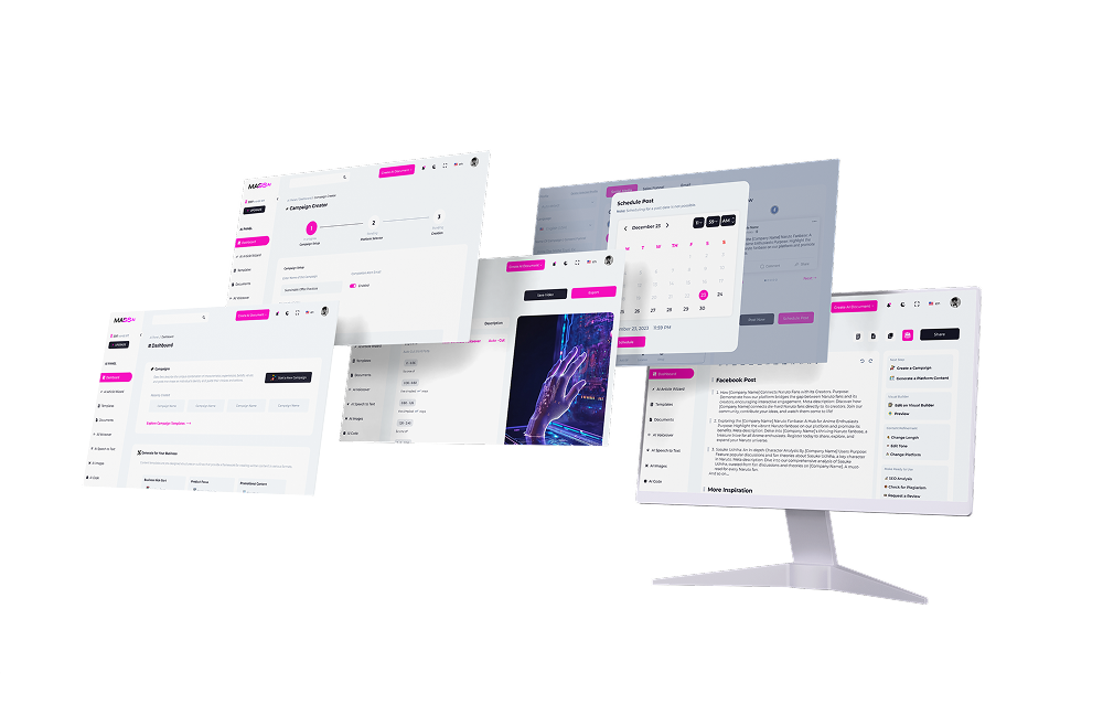 Laptop screen showing the MassAI content creation platform with tools for social media, video, and digital marketing content.
